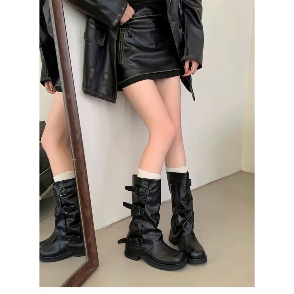 Giày Bốt Nữ Ống Cao Da Mềm Cổ Nhún Khóa Đai Gót Vuông Phong Cách Western B023 - NT Shoes