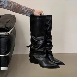 Giày Bốt Nữ Ống Cao Da Mềm Cổ Nhún Khóa Đai Gót Vuông Phong Cách Western B023 - NT Shoes