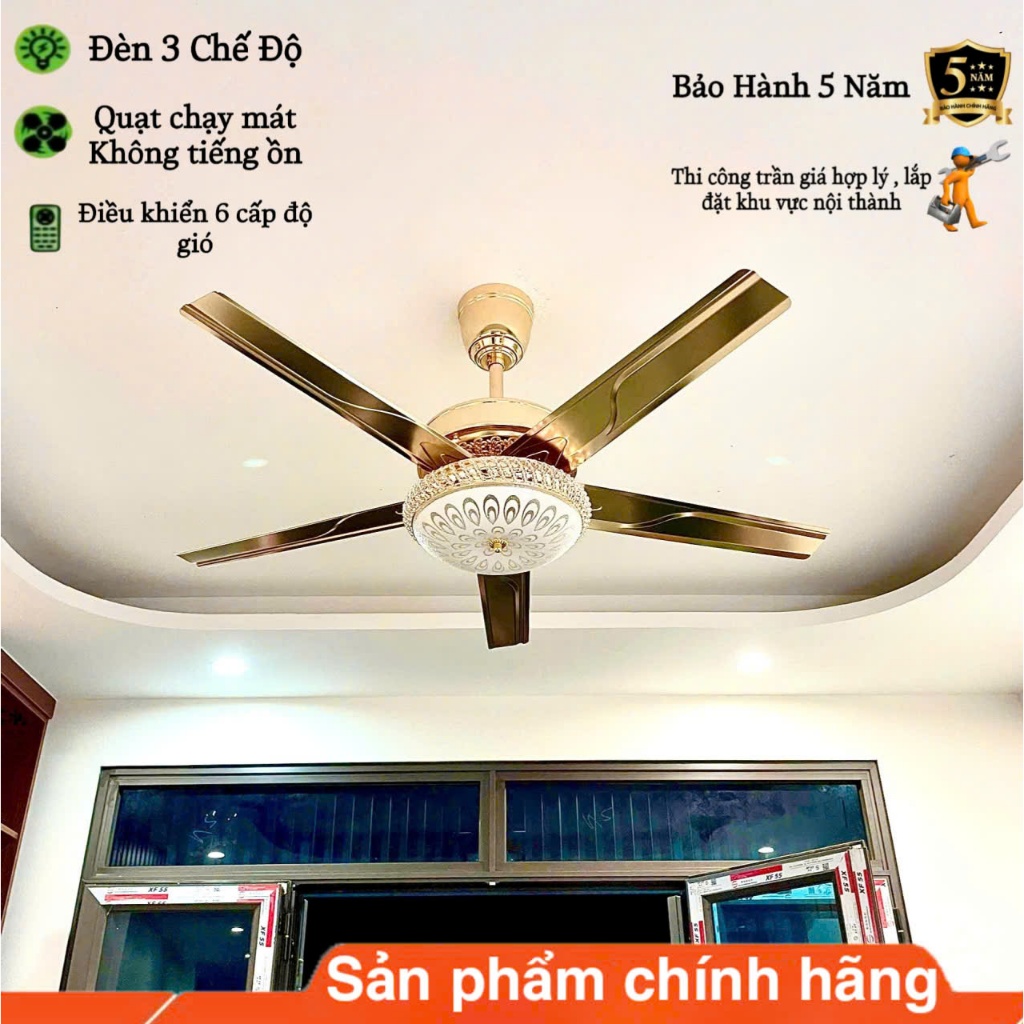 [Động cơ inverter- lõi đồng] Quạt Trần Đèn 5 Cánh 6016, 6 Cấp Độ Gió, 3 Chế Độ Đèn, Điều Khiển Từ Xa