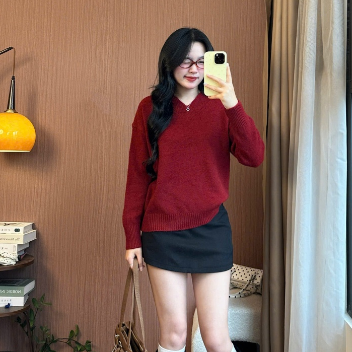 Áo len nữ cổ tim dài tay Joolate chất lông thỏ mềm Freesize <62kg màu trơn basic thu đông 955 P5K10