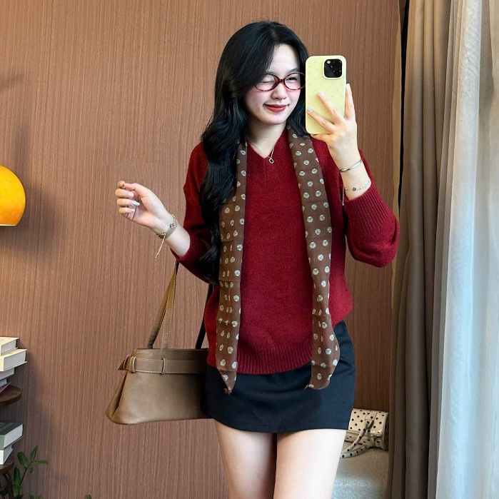 Áo len nữ cổ tim dài tay Joolate chất lông thỏ mềm Freesize <62kg màu trơn basic thu đông 955 P5K10