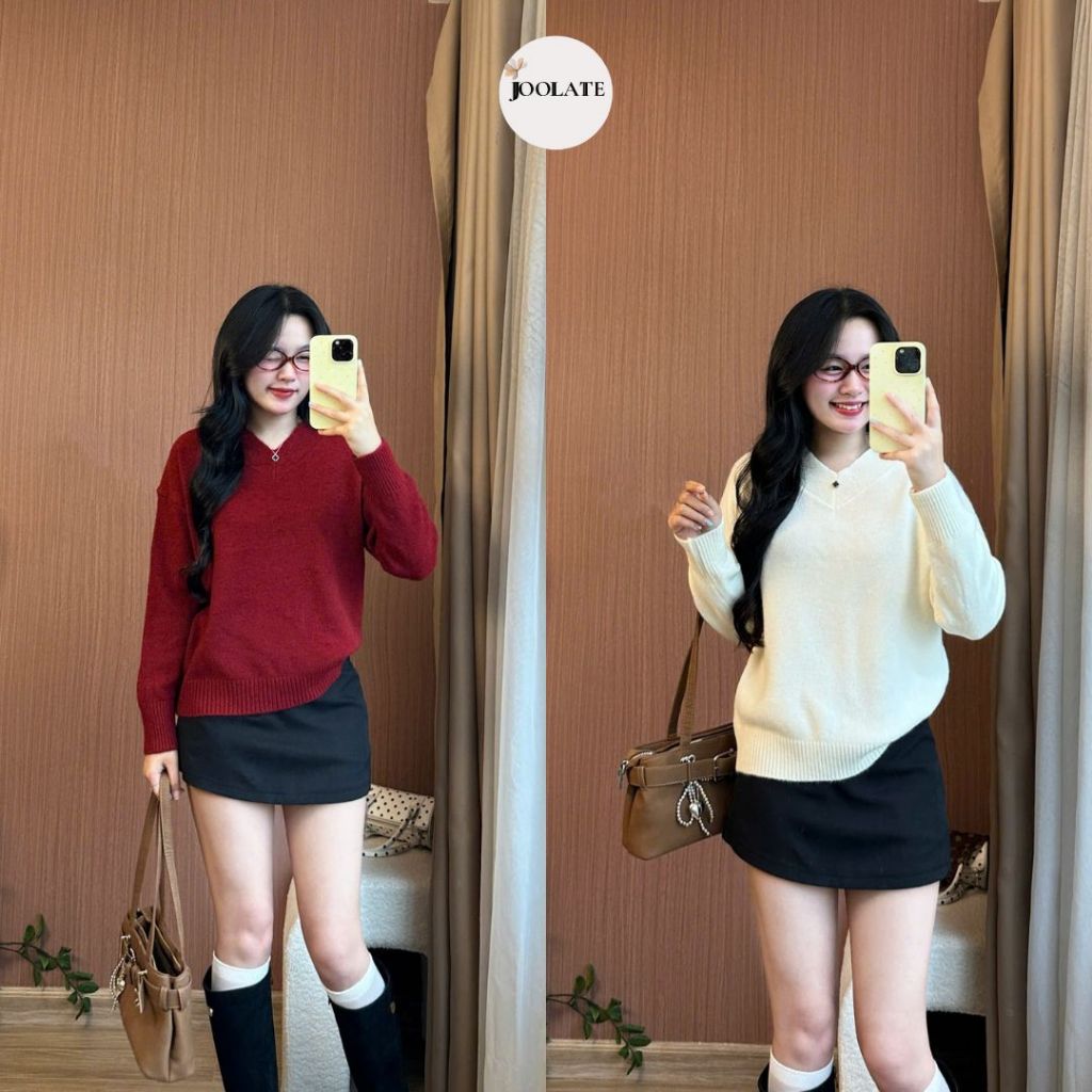 Áo len nữ dài tay Joolate cổ tim lông thỏ mềm Phom Rộng Freesize <62kg màu trơn basic thu đông 955 P5K10