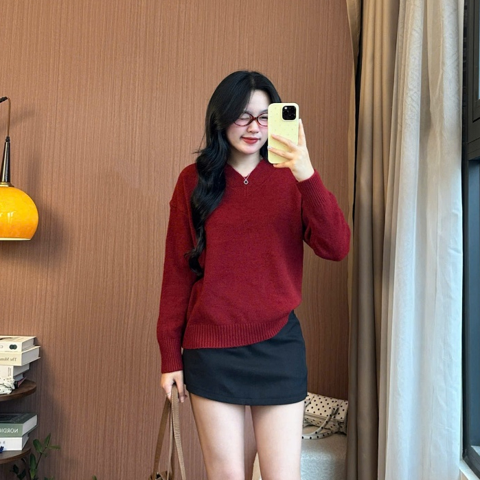 Áo len nữ dài tay Joolate cổ tim lông thỏ mềm Phom Rộng Freesize <62kg màu trơn basic thu đông 955 P5K10