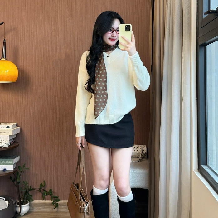Áo len nữ dài tay Joolate cổ tim lông thỏ mềm Phom Rộng Freesize <62kg màu trơn basic thu đông 955 P5K10