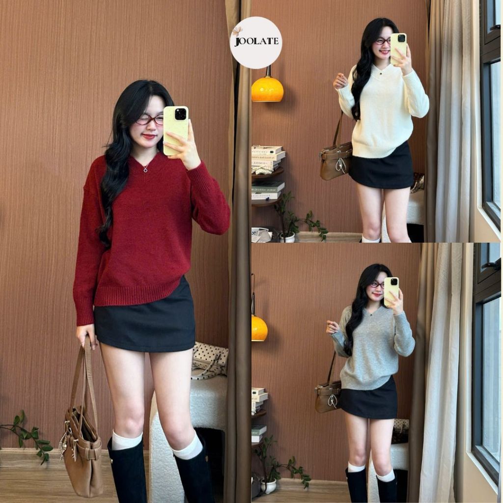 Áo len nữ dài tay Joolate cổ tim lông thỏ mềm Phom Rộng Freesize <62kg màu trơn basic thu đông 955 P5K10