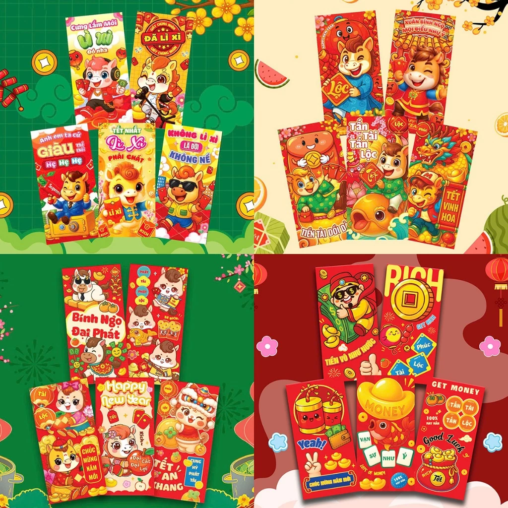 Bao Lì Xì ⚡ Combo 100 Bao Lì Xì Tết 2026 Bính Ngọ Tổng Hợp đủ Mẫu