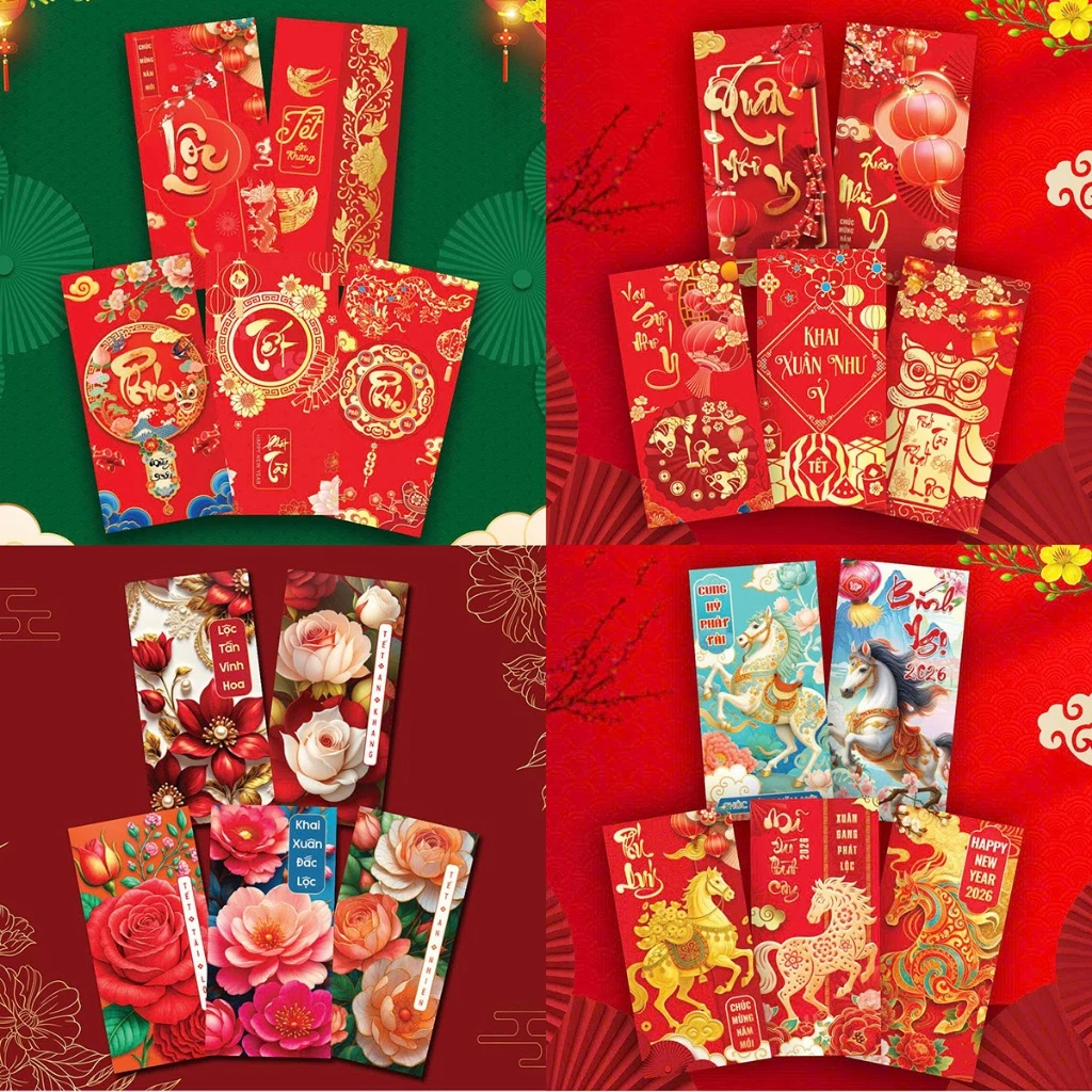 Bao Lì Xì ⚡ Combo 100 Bao Lì Xì Tết 2026 Bính Ngọ Tổng Hợp đủ Mẫu