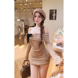 Mimi Body Dress Váy body len thừng, thiết kế ngang vai kèm nơ cài nhung tháo rời Chất co dãn