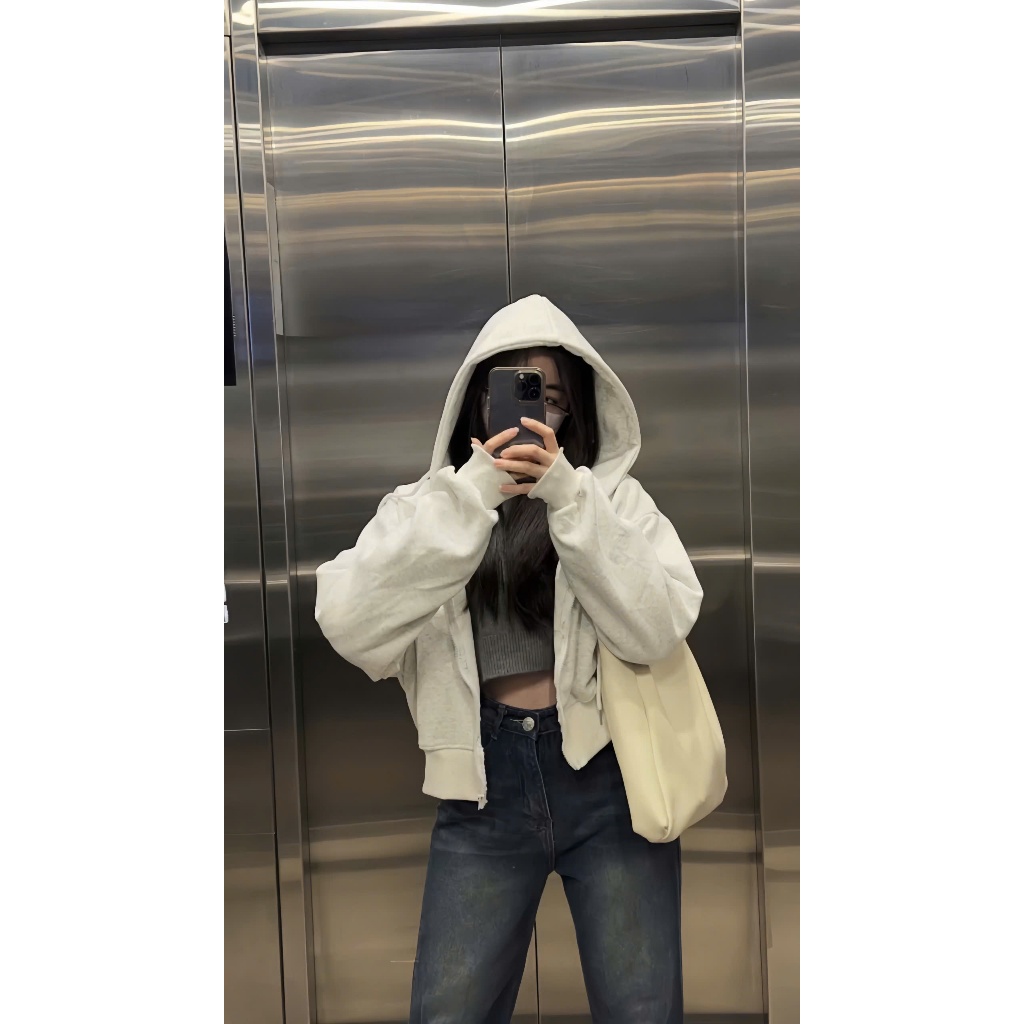 Áo Khoác Nỉ Hoodie Crotop Mũ Siêu To  Chất Vải Dày Dặn Cho Mùa Thu Đông (Có Bigsize) - LL06