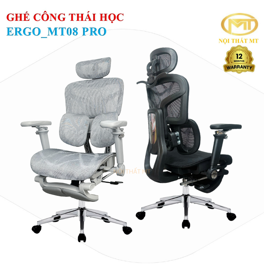Ghế công thái học full công năng Ergo_MT08 PRO, đầu chỉnh 3D,tay chỉnh 6D, ngã lưng 135độ gác chân, lưng, mâm trượt.