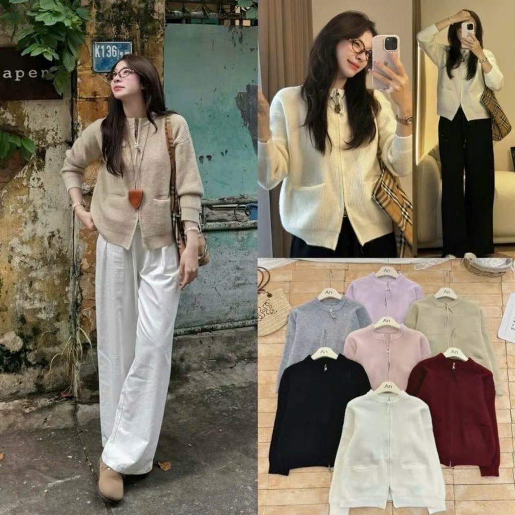 Áo cardigan len lông thỏ Joolate tay dài túi ngang 2 đầu kéo 7703 P3K6