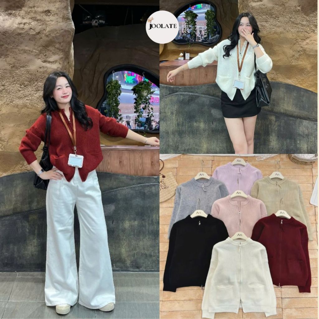 Áo cardigan len lông thỏ Joolate tay dài túi ngang 2 đầu kéo 7703 P3K6