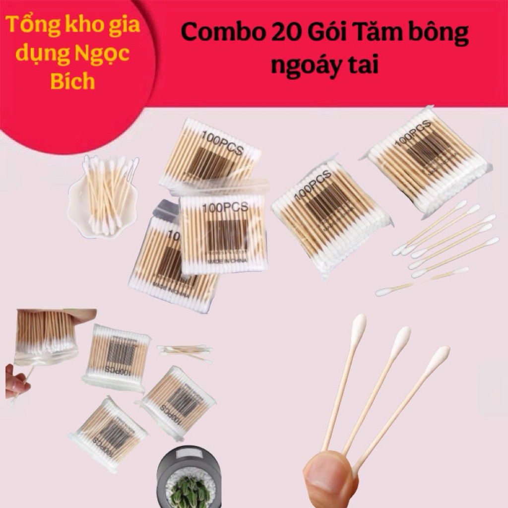 Combo 20 Gói Tăm bông ngoáy tai-2000 bông ráy tai thân gỗ khử trùng 2 ...