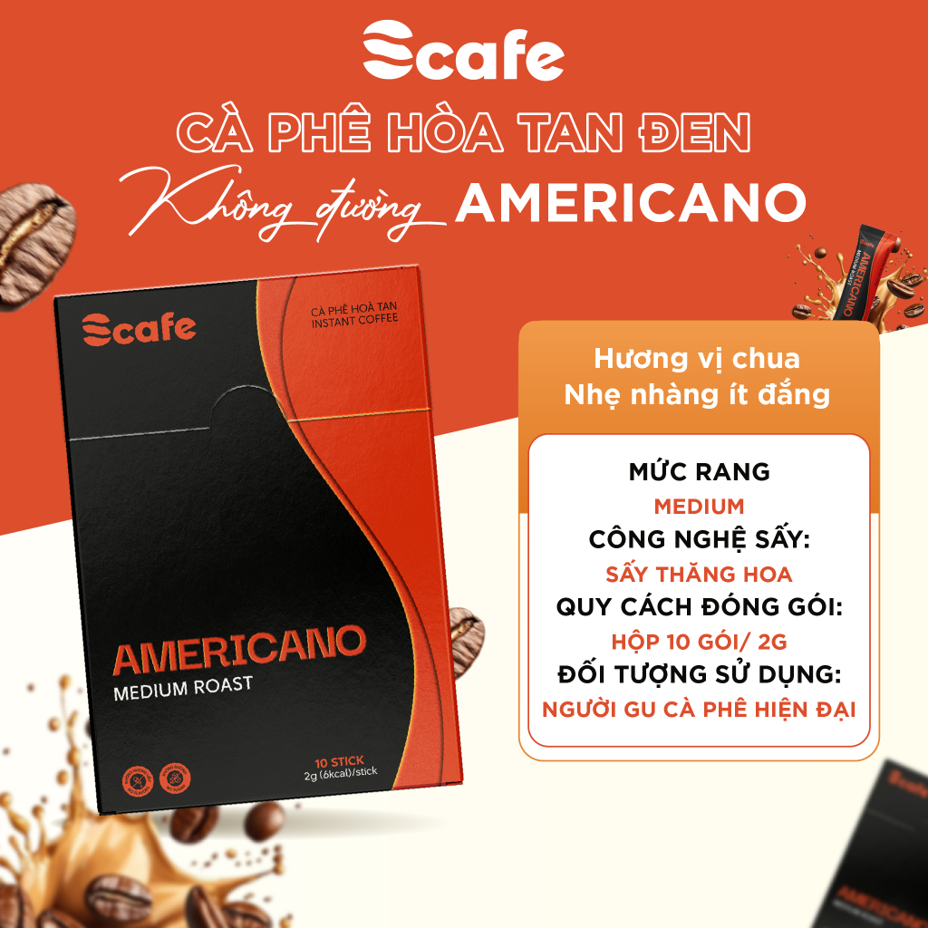 Cà Phê Đen Hòa Tan Không Đường Scafe Việt Nam Americano Hộp 10 gói x 2g
