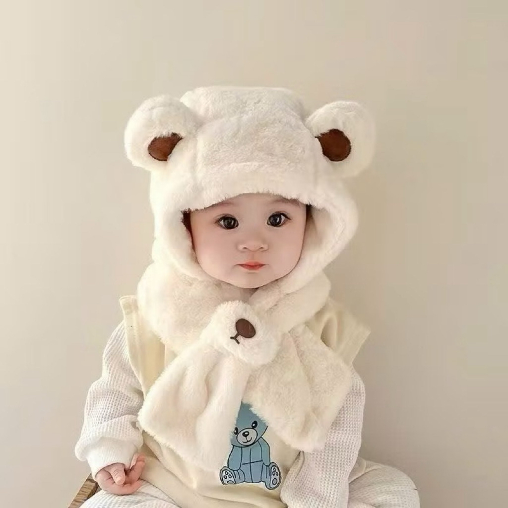 Mũ GẤU BÔNG 2 in 1 cho bé kèm khăn quàng cổ giữ ấm mùa đông