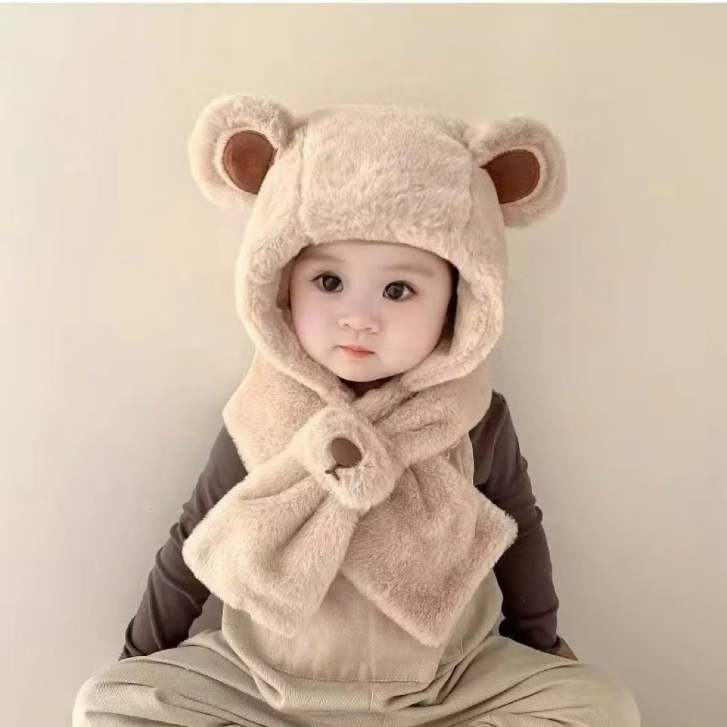Mũ GẤU BÔNG 2 in 1 cho bé kèm khăn quàng cổ giữ ấm mùa đông