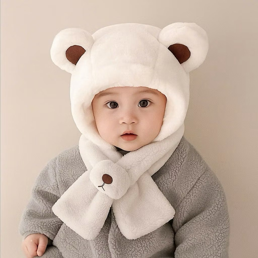 Mũ GẤU BÔNG 2 in 1 cho bé kèm khăn quàng cổ giữ ấm mùa đông