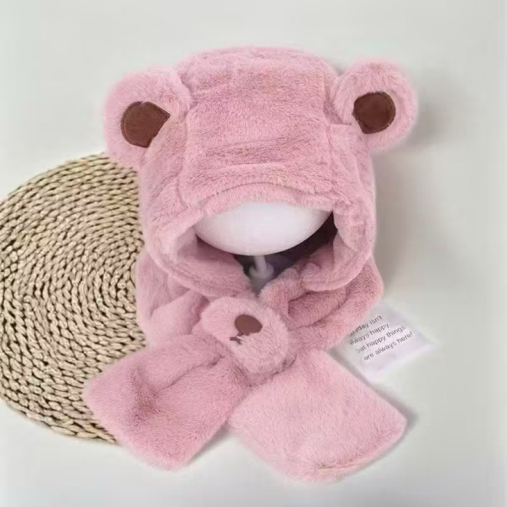 Mũ GẤU BÔNG 2 in 1 cho bé kèm khăn quàng cổ giữ ấm mùa đông