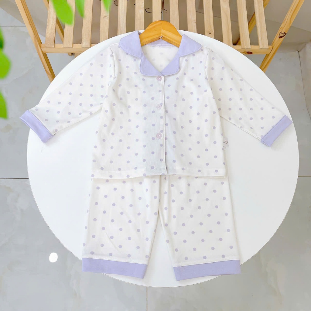 Pijama cho bé Lá Homewear A347, bộ dài tay bé trai gái họa tiết kẻ chấm bi Lyocell Cotton mềm mướt