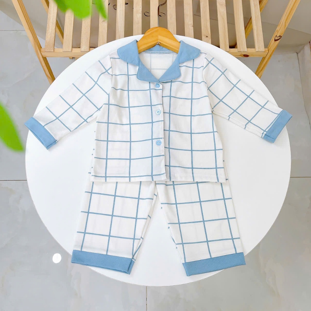 Pijama cho bé Lá Homewear A347, bộ dài tay bé trai gái họa tiết kẻ chấm bi Lyocell Cotton mềm mướt