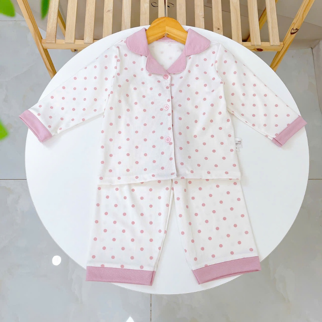 Pijama cho bé Lá Homewear A347, bộ dài tay bé trai gái họa tiết kẻ chấm bi Lyocell Cotton mềm mướt