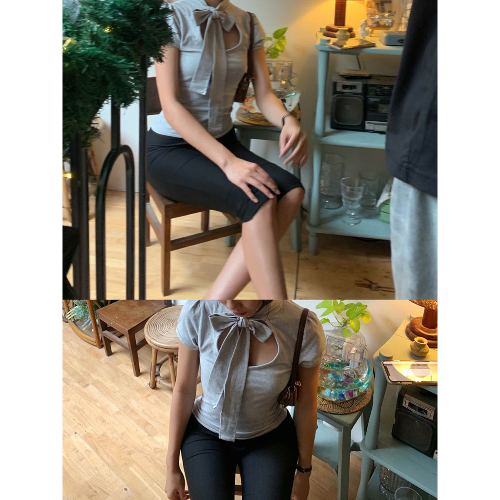 Áo thun ôm body cổ tròn thắt nơ