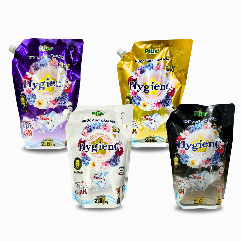 Combo 4 Túi Nước Giặt Đậm Đặc HygienC Plus 2.6Kg/Túi - Hương Nước Hoa, Sạch Vết Bẩn, Dưỡng Vải