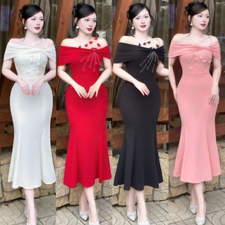 Đầm váy body dự tiệc trung niên ôm đuôi cá trễ/bẹt vai kết hoa xinh xắn tko mm 2025a