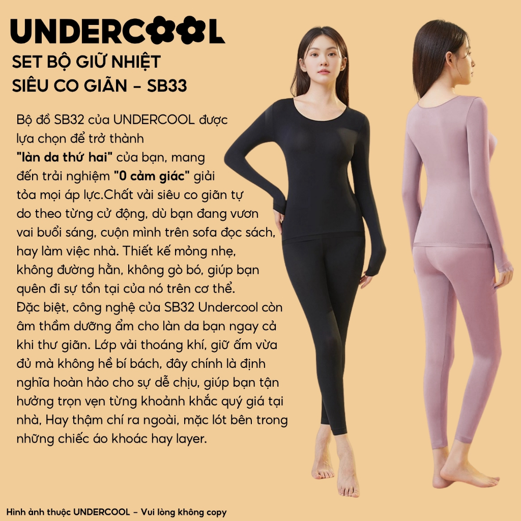 Bộ giữ nhiệt nữ siêu co giãn 360 độ mỏng nhẹ UNDERCOOL Siêu Mỏng Tàng Hình giữ ấm Không Tích Điện +5°C SB33