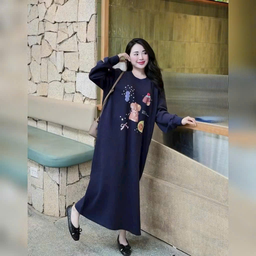 Đầm bầu mặc nhà đi chơi bigsizehình cún bánh dễ thương váy dài suông form rộng không cổ chất nỉ dài tay thu đông  T1427G