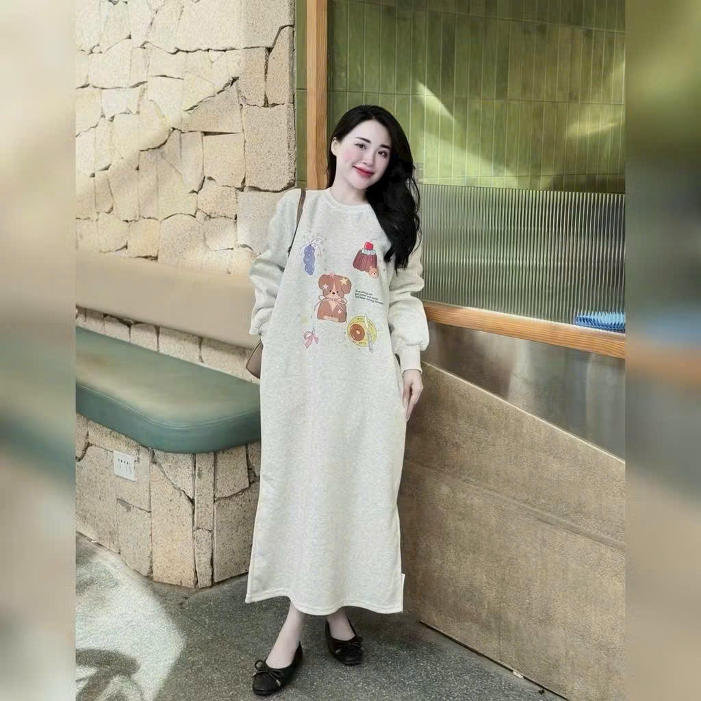 Đầm bầu mặc nhà đi chơi bigsizehình cún bánh dễ thương váy dài suông form rộng không cổ chất nỉ dài tay thu đông  T1427G