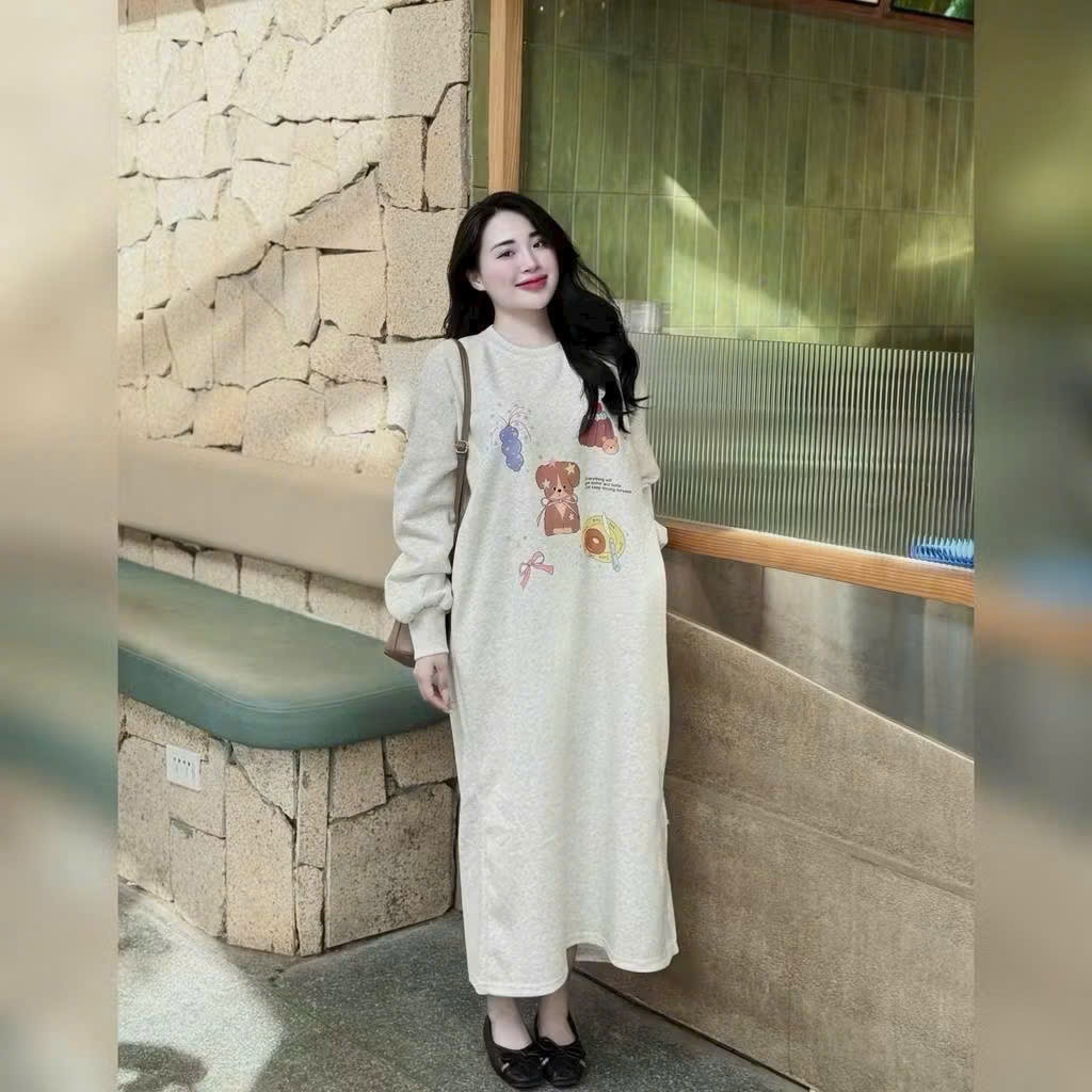 Đầm bầu mặc nhà đi chơi bigsizehình cún bánh dễ thương váy dài suông form rộng không cổ chất nỉ dài tay thu đông  T1427G