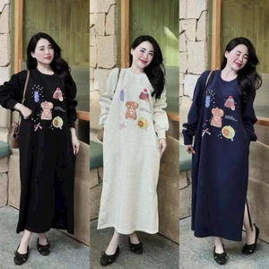 Đầm bầu mặc nhà đi chơi bigsizehình cún bánh dễ thương váy dài suông form rộng không cổ chất nỉ dài tay thu đông T1427G