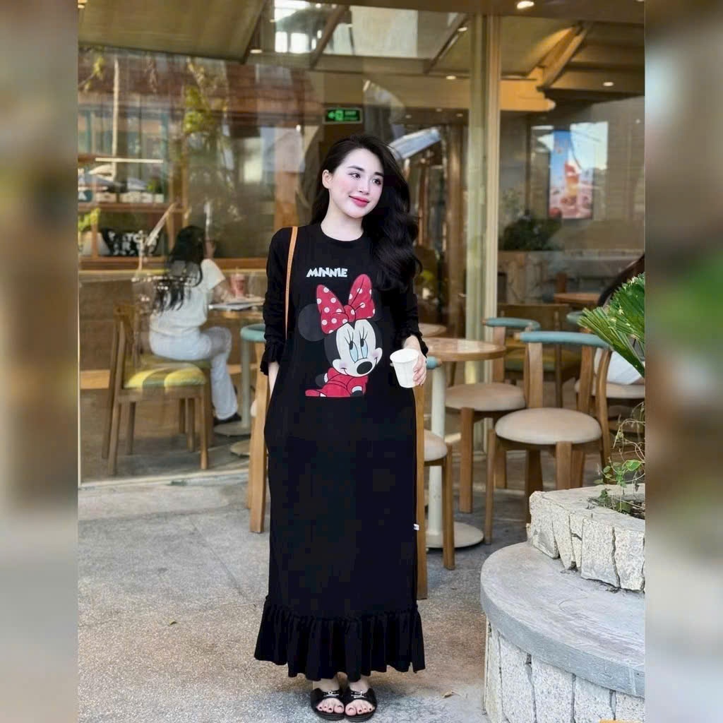 Váy dài đuôi cá suông rộng dài tay không cổ chất nỉ dày dặn ấm áp họa tiết chuột Mickey T1428G