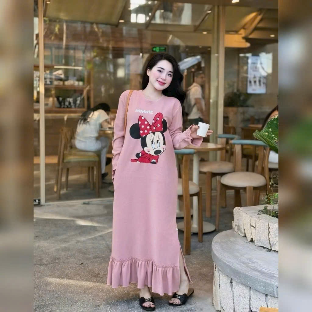 Váy dài đuôi cá suông rộng dài tay không cổ chất nỉ dày dặn ấm áp họa tiết chuột Mickey T1428G