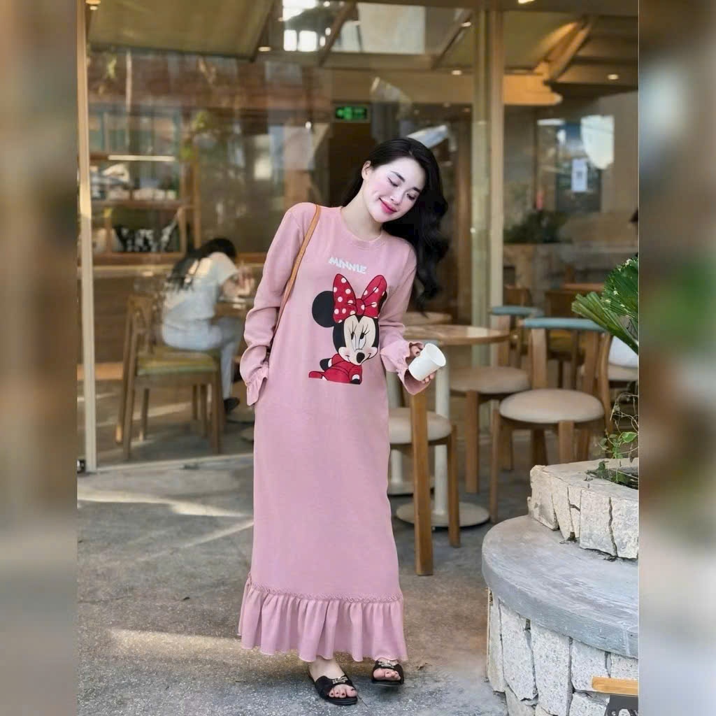 Váy dài đuôi cá suông rộng dài tay không cổ chất nỉ dày dặn ấm áp họa tiết chuột Mickey T1428G