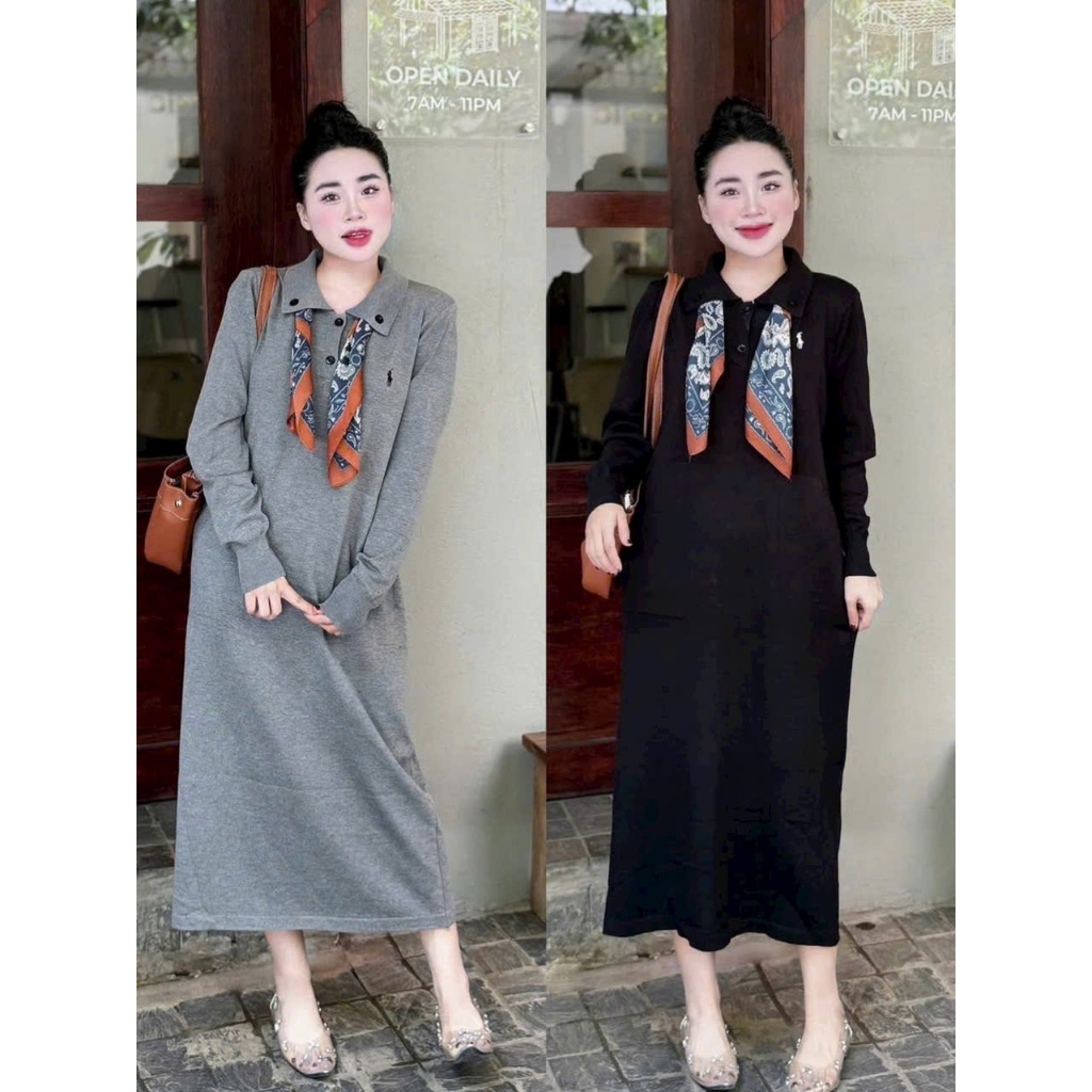 Váy polo dáng dài maxi kèm khăn lụa form rộng bầu dài tay thu đông thanh lịch cổ bẻ bigsize xinh T1429G