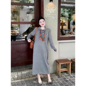 Váy polo dáng dài maxi kèm khăn lụa form rộng bầu dài tay thu đông thanh lịch cổ bẻ bigsize xinh T1429G