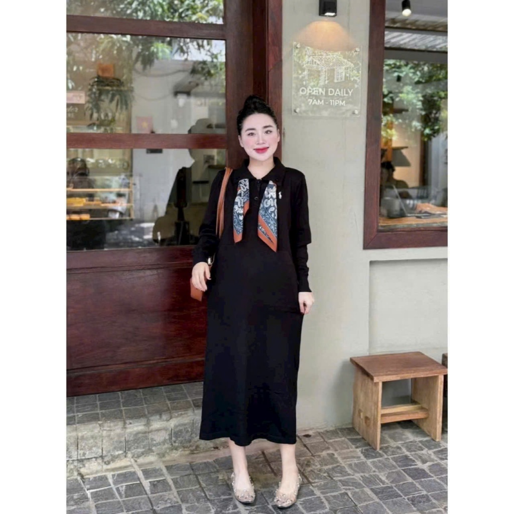 Váy polo dáng dài maxi kèm khăn lụa form rộng bầu dài tay thu đông thanh lịch cổ bẻ bigsize xinh T1429G