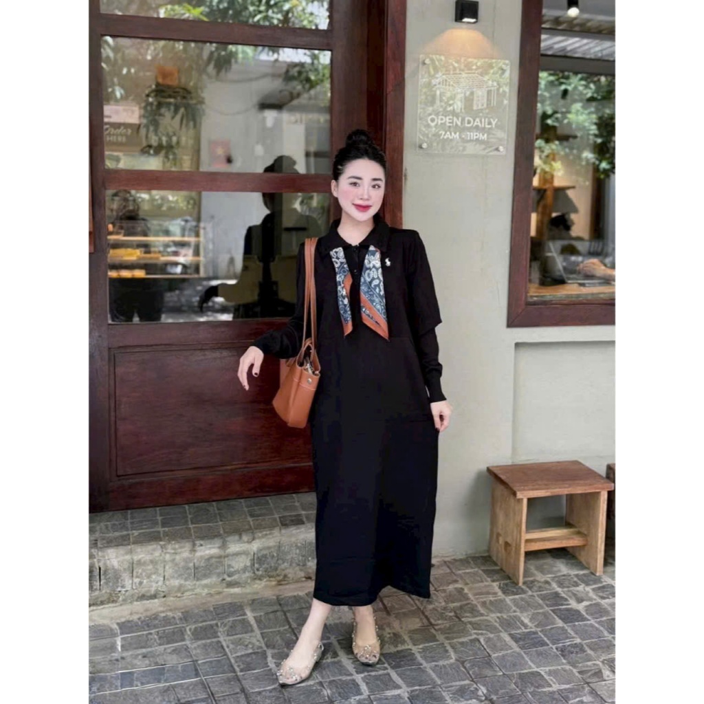 Váy polo dáng dài maxi kèm khăn lụa form rộng bầu dài tay thu đông thanh lịch cổ bẻ bigsize xinh T1429G