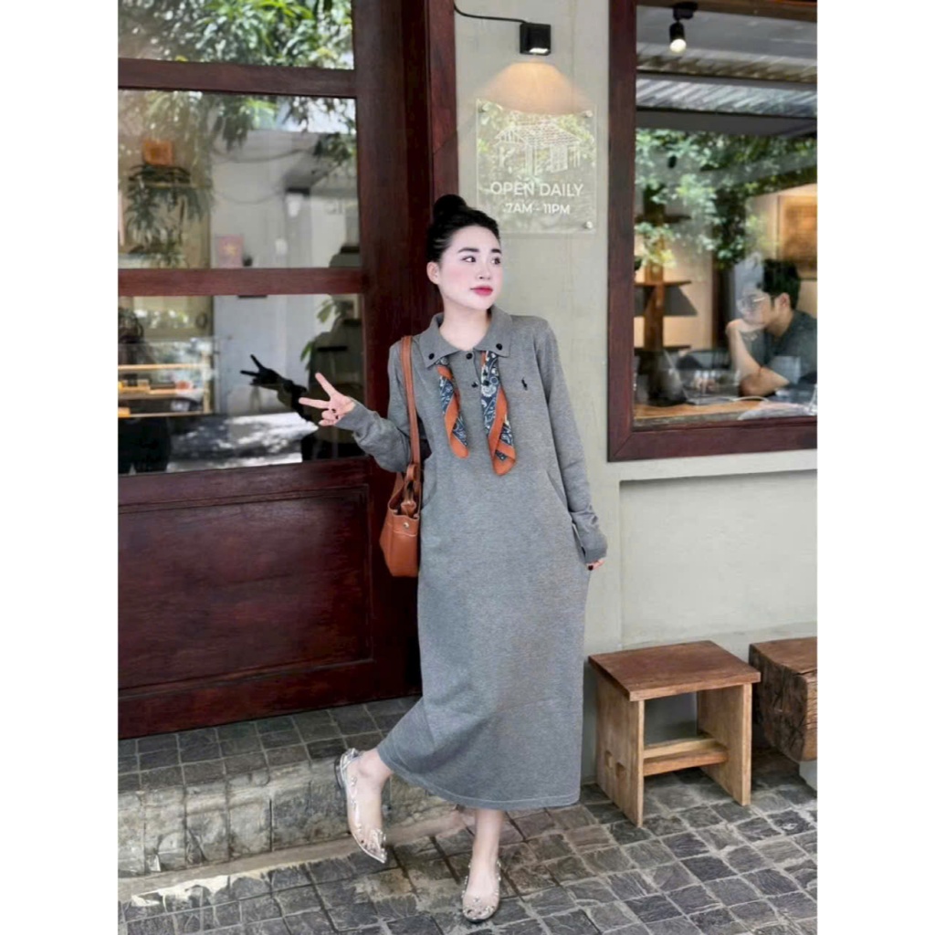 Váy polo dáng dài maxi kèm khăn lụa form rộng bầu dài tay thu đông thanh lịch cổ bẻ bigsize xinh T1429G