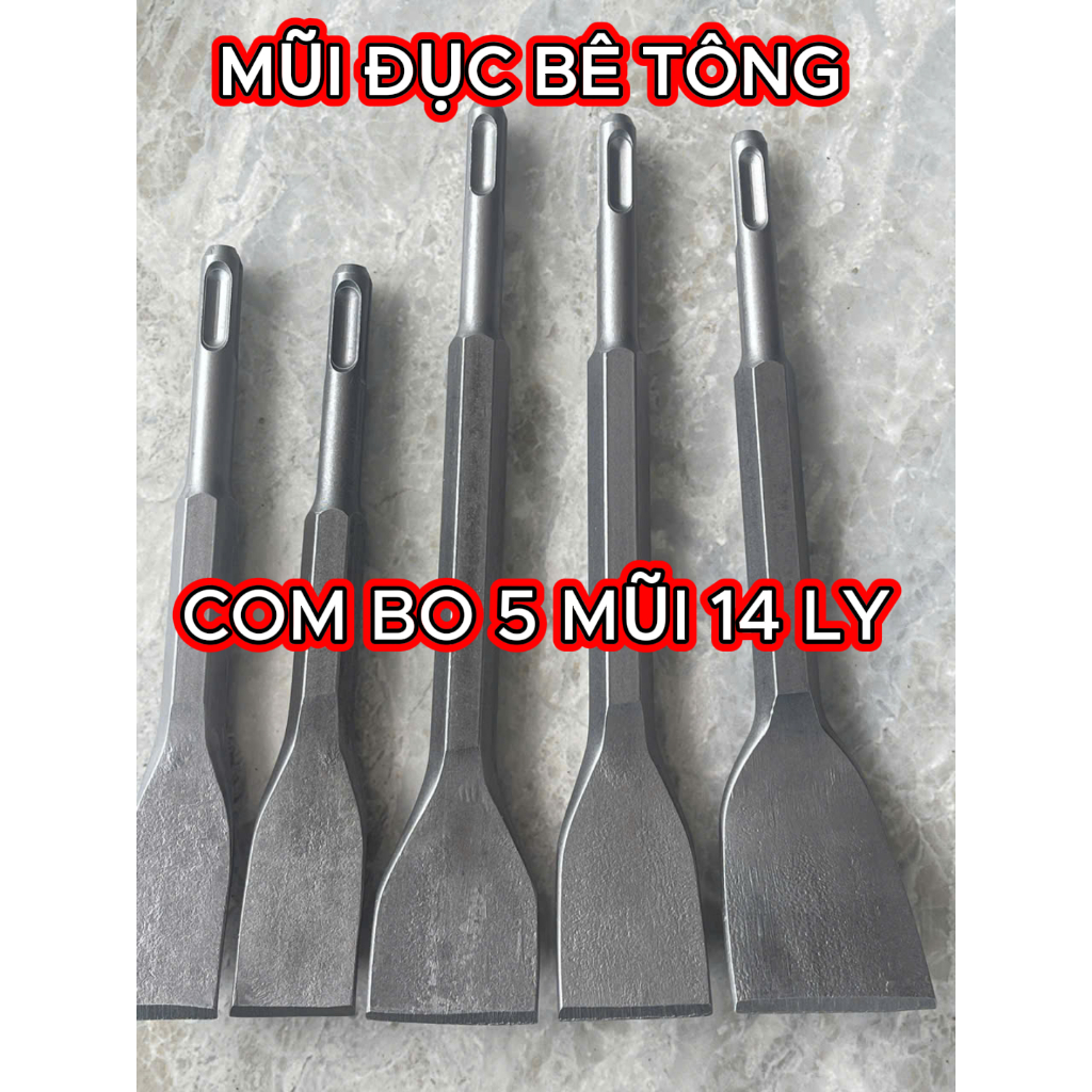 Bộ 5 Mũi Đầu Đục Tường – Đục Bê Tông Siêu Mạnh Cho Máy Khoan Đục