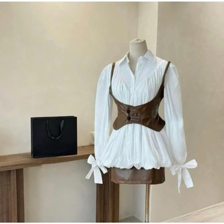 Set bộ 3 món áo sơ mi mix áo gile kèm chân váy da Eva hamichi