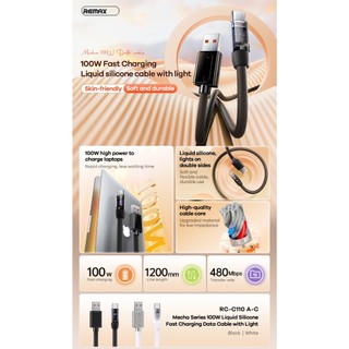 Cáp sạc nhanh Remax RC-C110 USB-A to TypeC 100W, Có Đèn báo sạc, Dây Silicon to, Dài 1.2M