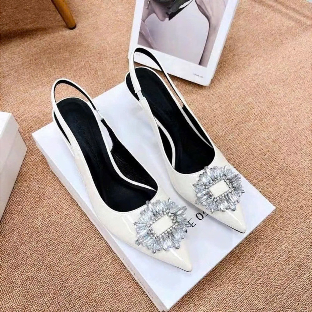 Giày cao gót đính đá khóa tròn, cao gót mũi nhọn gót 5p 7p sáng chảnh - Freeship toàn quốc