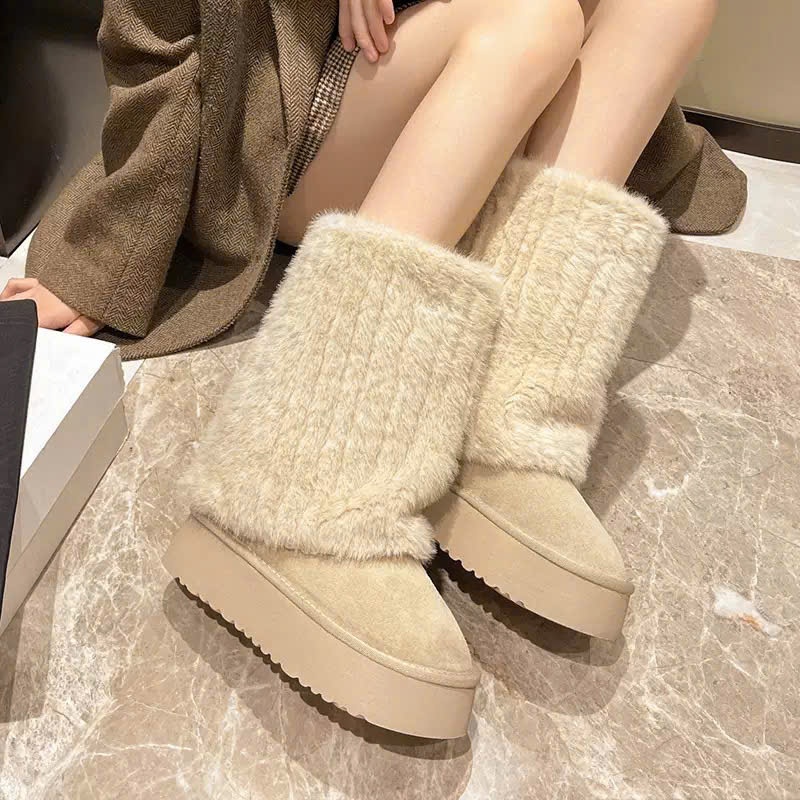 Giày Bốt Nữ Lông Xù Cổ Trung Siêu Ấm Mùa Đông Phong Cách Hàn Quốc B24 - NT shoes