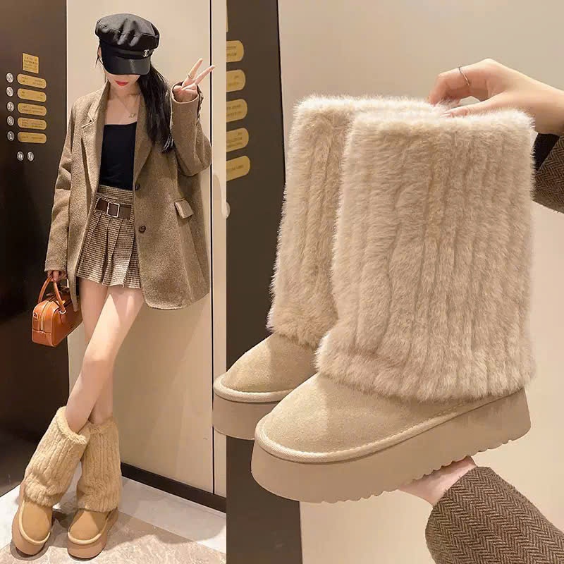 Giày Bốt Nữ Lông Xù Cổ Trung Siêu Ấm Mùa Đông Phong Cách Hàn Quốc B24 - NT shoes
