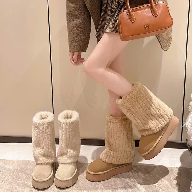 Giày Bốt Nữ Lông Xù Cổ Trung Siêu Ấm Mùa Đông Phong Cách Hàn Quốc B24 - NT shoes