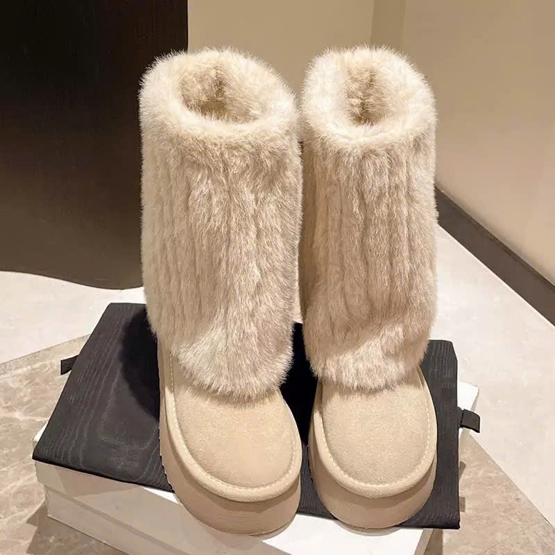 Giày Bốt Nữ Lông Xù Cổ Trung Siêu Ấm Mùa Đông Phong Cách Hàn Quốc B24 - NT shoes