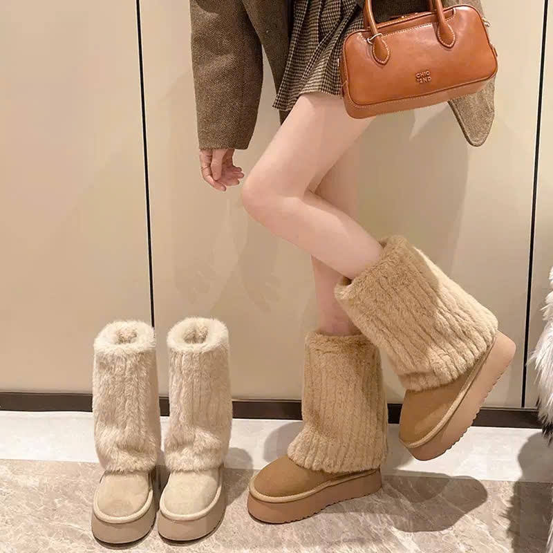 Giày Bốt Nữ Lông Xù Cổ Trung Siêu Ấm Mùa Đông Phong Cách Hàn Quốc B24 - NT shoes